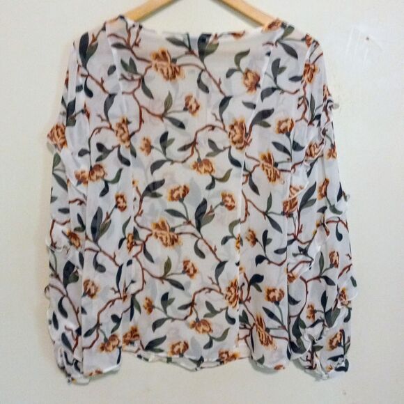 Ann Taylor Factory Floral Sheer Popover-Small-Chiffon-Keyhole Front-Ruffles - Picture 6 of 9